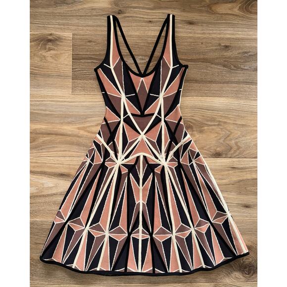 Herve Leger Brown Geometric Patchwork Jacquard Knit Hazel Mini Dress -size XXS - Picture 2 of 12